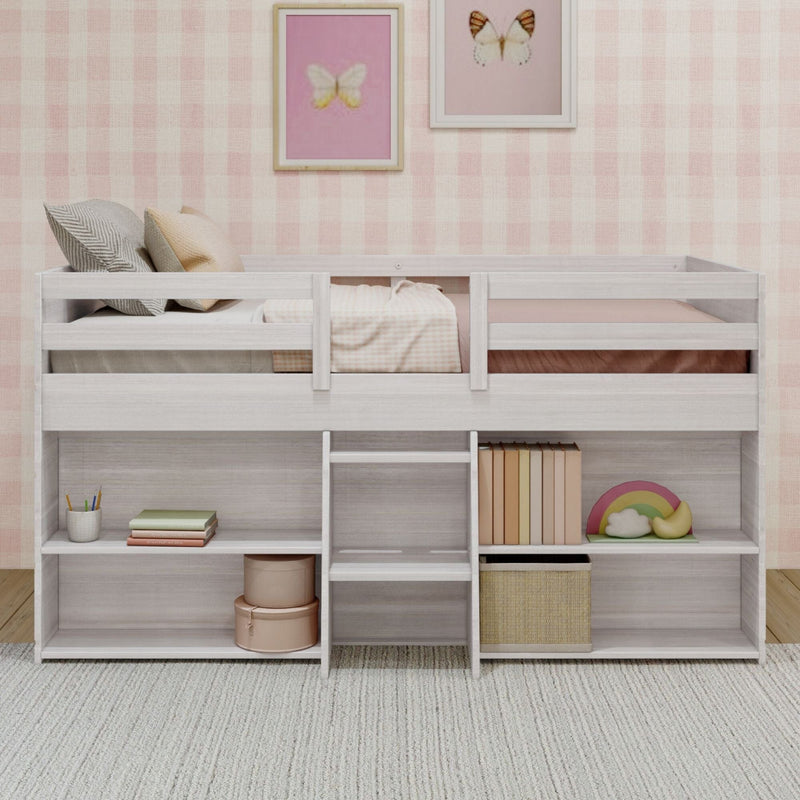 White wooden loft bed with built-in storage shelves and ladder in a pastel-themed kids' bedroom, featuring pink checkered bedding and butterfly wall art.