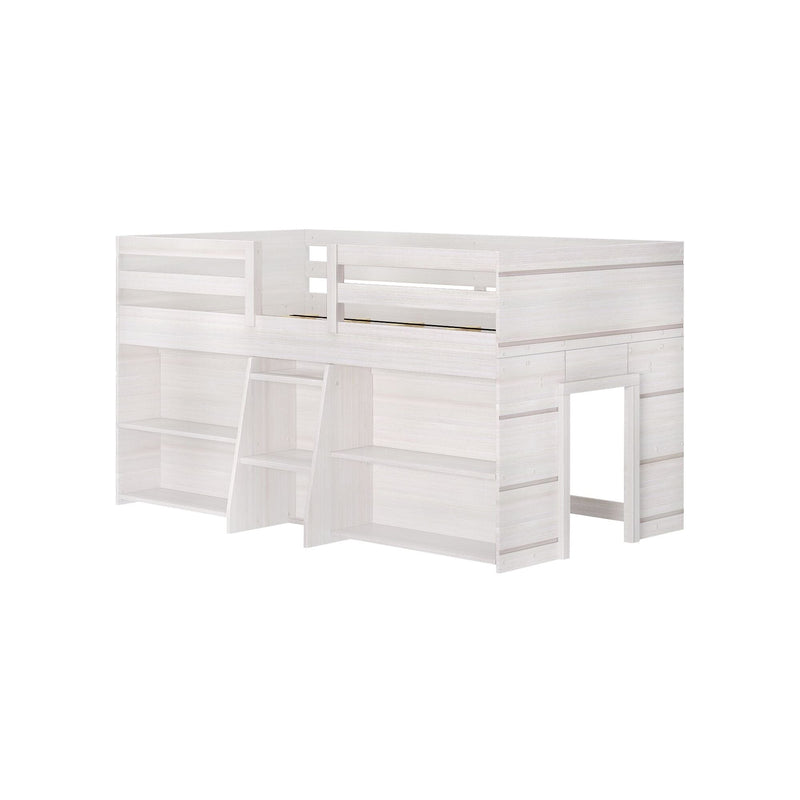 White wooden loft bed with integrated ladder and built-in storage shelves.