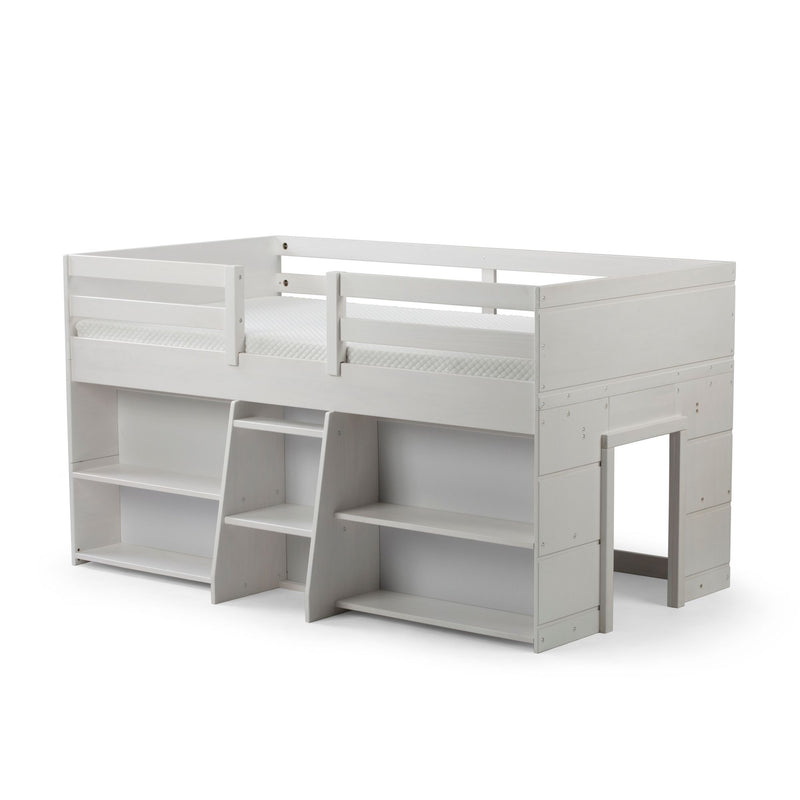 White wooden loft bed with guardrails, built-in ladder and open shelving—space-saving kids bedroom furniture