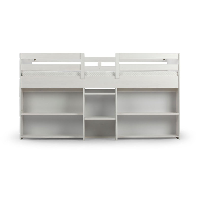 White wooden twin loft bed with guardrail and built-in open storage shelves and cubbies, space-saving kids' bedroom furniture