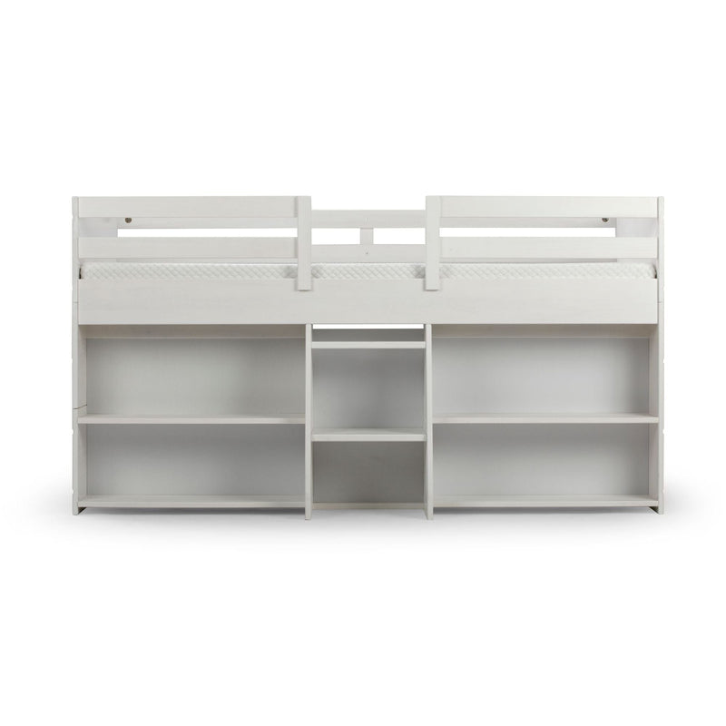White wooden twin loft bed with built‑in cubby storage shelves and center ladder, modern kids' bedroom furniture