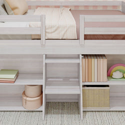 Loft bed with storage shelves, ladder access, and cozy checkered bedding in a children's room.