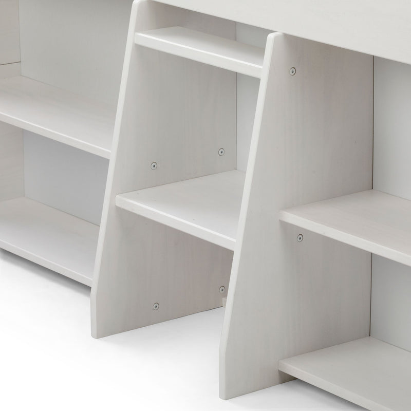 Close-up of modern white wooden shelving unit with stepped shelves and visible screws, minimalist storage solution for home or office