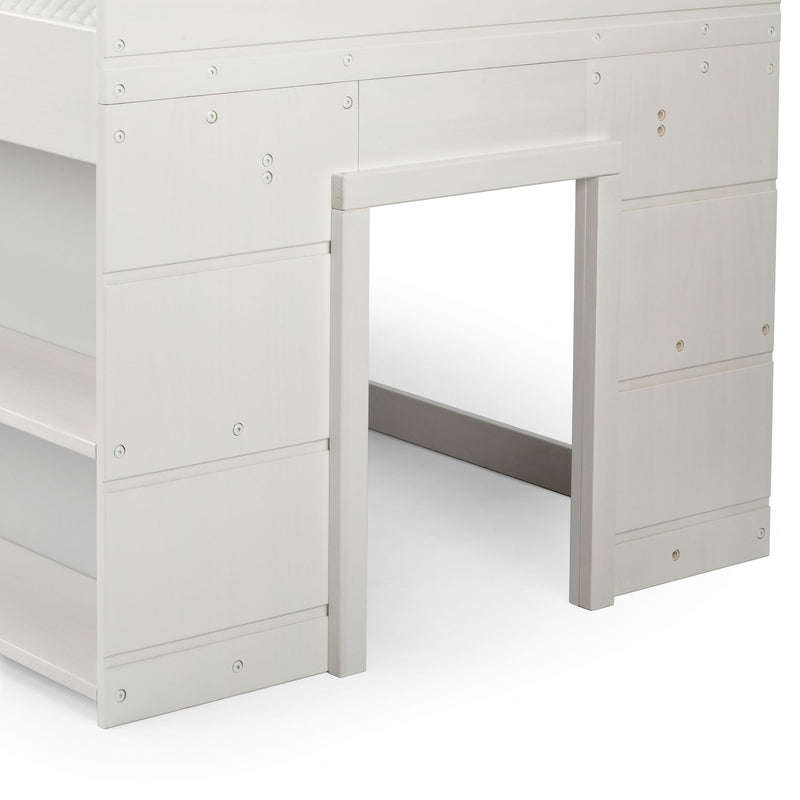 Close-up of white painted wooden loft bed frame showing built-in storage drawers and ladder opening