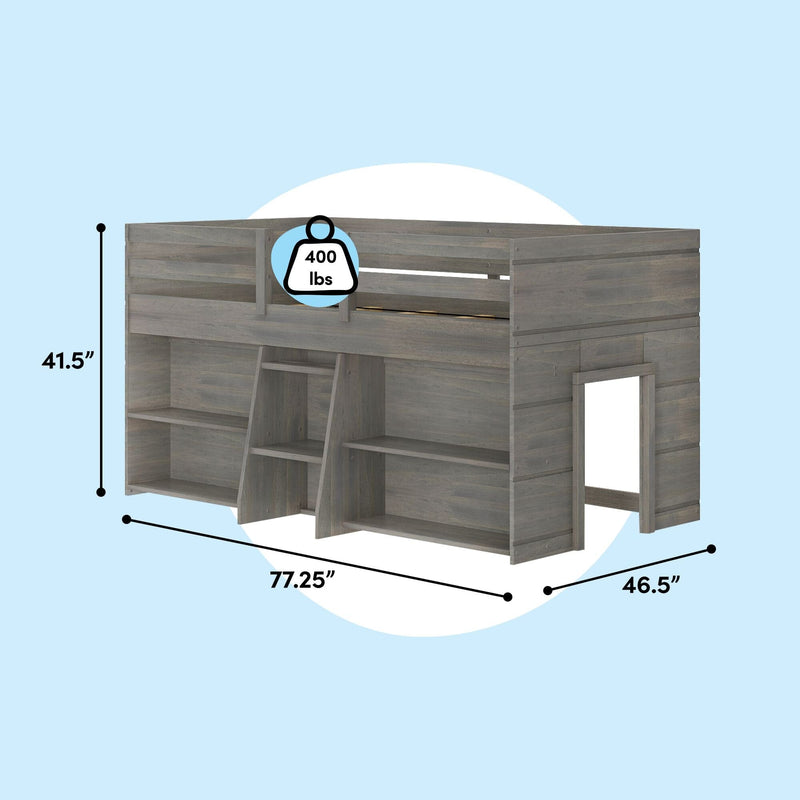 Gray wooden loft bed with ladder, built-in shelves and playhouse-style lower area — 77.25″ x 46.5″ x 41.5″, 400 lb capacity, kids' bedroom storage loft
