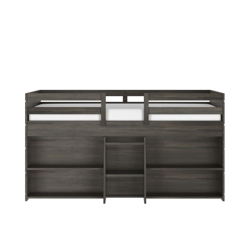 Dark gray wood twin-over-twin bunk bed with center ladder and built-in open shelving storage, modern farmhouse kids' bedroom furniture