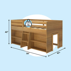Wooden loft bed with built-in storage shelves and ladder, space-saving kids bedroom loft in natural wood finish, 79 in L x 47 in W x 42 in H, 400 lb weight capacity