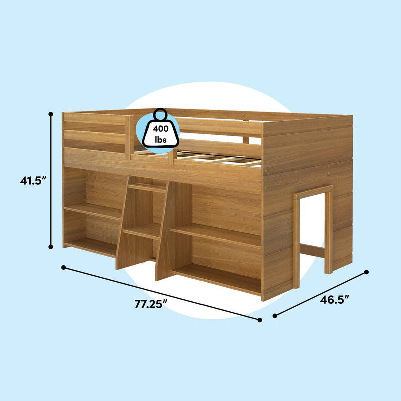 Twin wooden loft bed with ladder, built-in shelves and playhouse-style lower area, natural finish, 400 lb weight limit, dimensions 77.25" × 46.5" × 41.5" — kids loft bed with storage