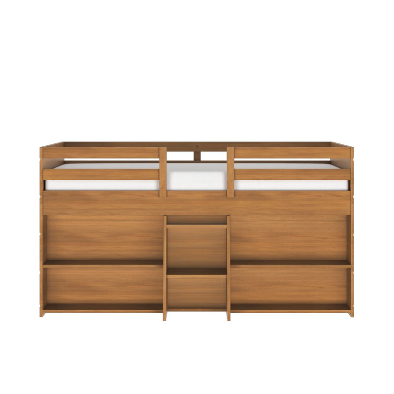 Solid wood twin-over-twin bunk bed in natural oak with built-in storage shelves and ladder, white mattress