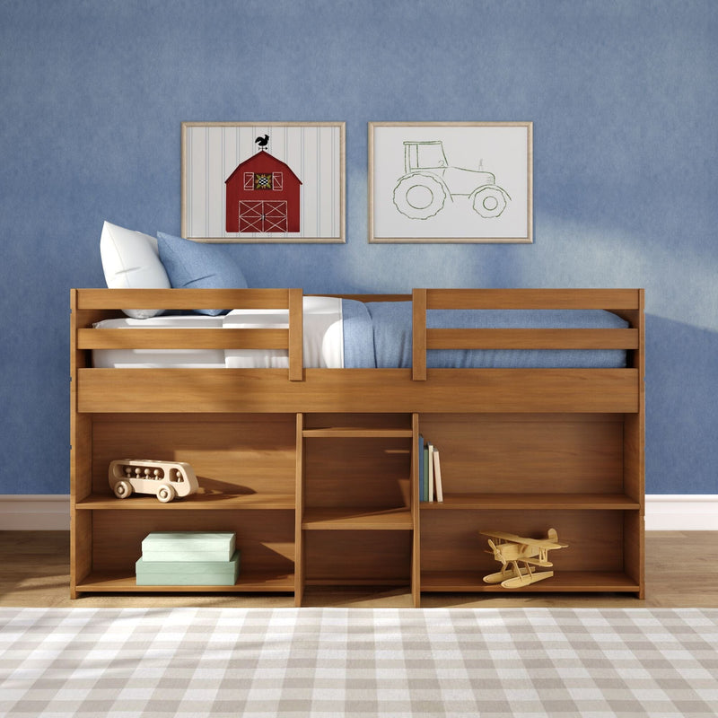 Children's wooden loft bed with built-in cubby storage, blue bedding and pillows, farmhouse barn and tractor wall art, toy airplane and wooden bus