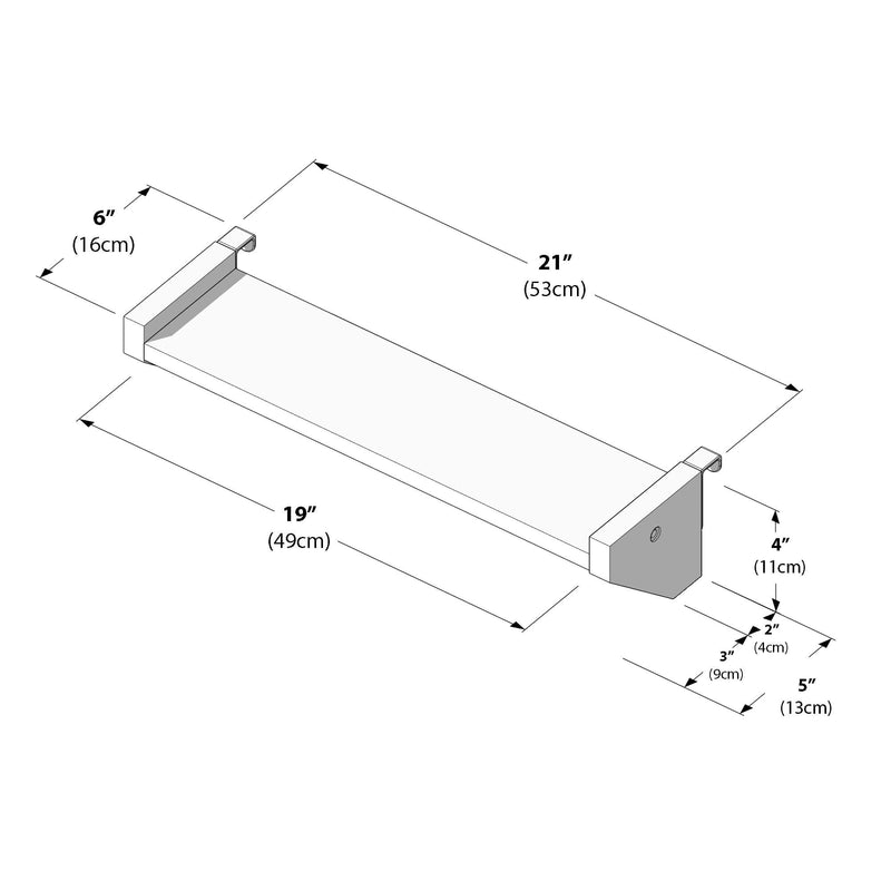 Isometric technical drawing of a floating wall shelf with dimensions labeled (21" / 53 cm overall, 19" / 49 cm shelf length, 6" / 16 cm bracket depth, 5" / 13 cm total depth, 4" / 11 cm bracket height) for product listing and installation