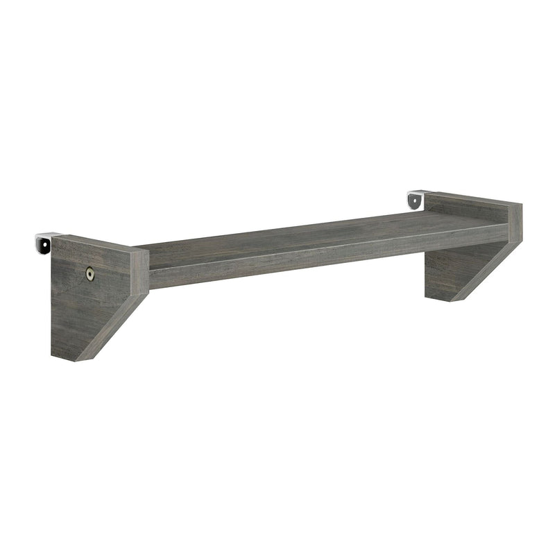 Gray wood floating wall-mounted shelf with angled support brackets and metal mounting hardware, modern rustic shelf for living room or bedroom