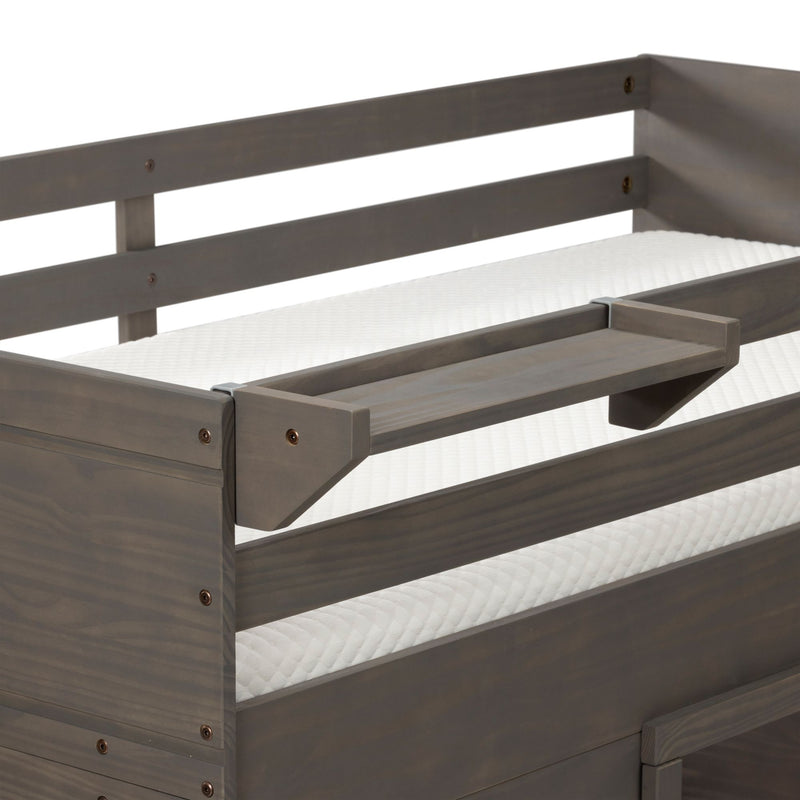 Gray wooden daybed frame with horizontal slatted guardrail, trundle support and white mattress