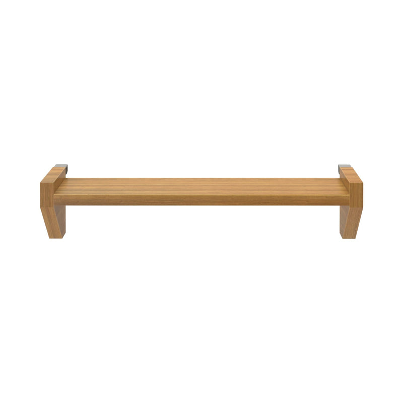 Minimalist modern wooden bench with natural finish and angled end supports, low-profile seating isolated on white background