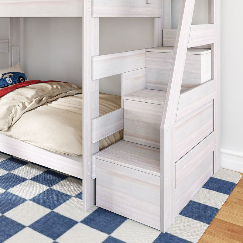 White wooden bunk bed with built-in storage stairs and ladder in kids' bedroom, beige bedding and blue checkered rug