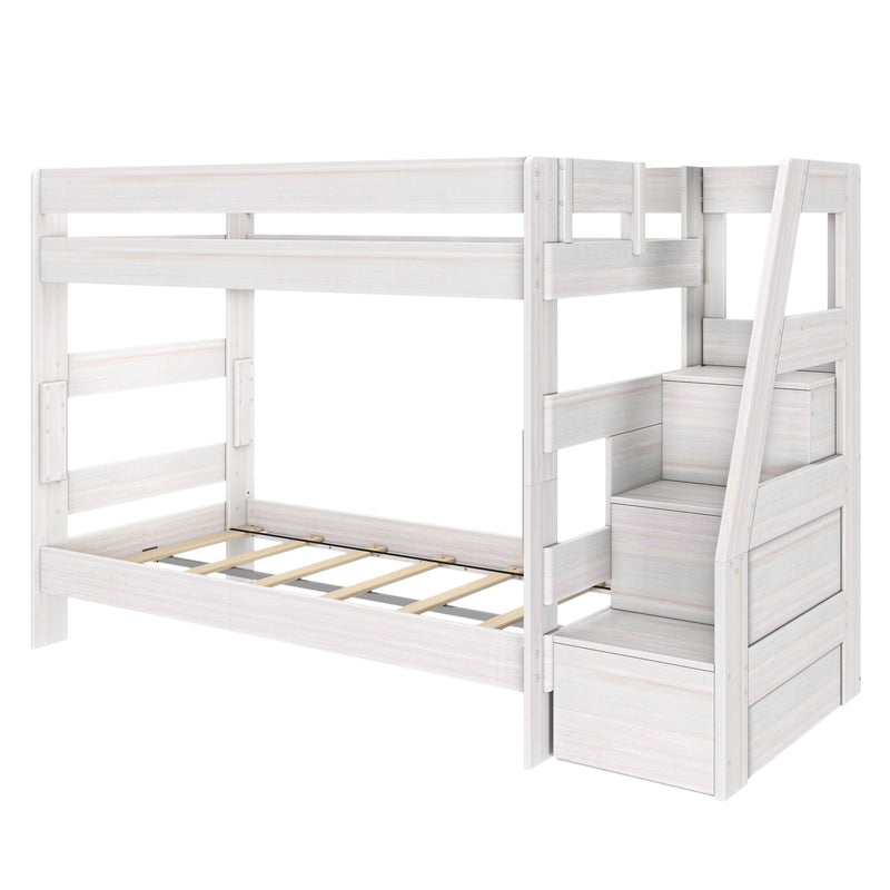 Whitewashed wooden loft-style bunk bed with built-in staircase and integrated storage drawers, slatted mattress support and safety rails for kids' bedroom furniture