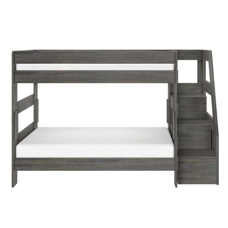 Gray wooden loft bunk bed with staircase and storage, full-size lower bed and twin upper with guardrail — modern farmhouse kids' bedroom furniture