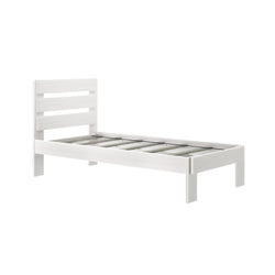White wooden single bed frame with slatted headboard.