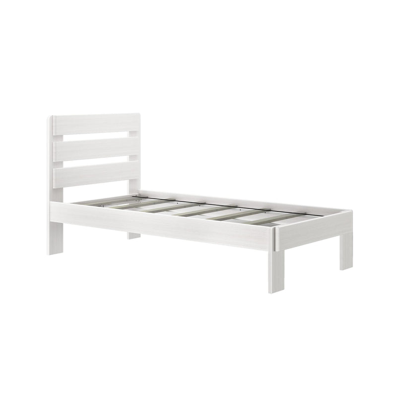 White wooden single bed frame with slatted headboard and mattress support slats, modern minimalist platform bed