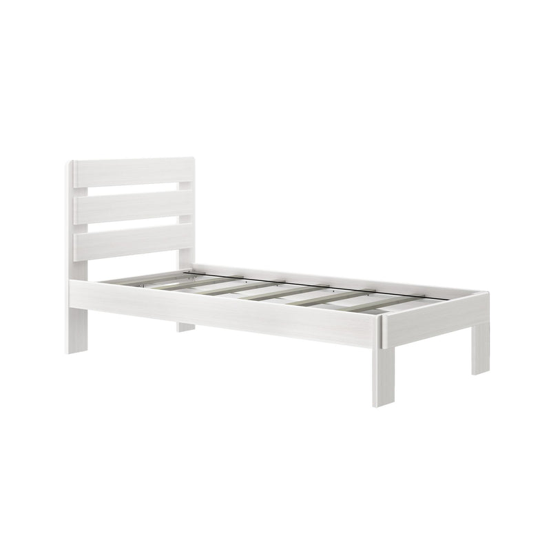 White wooden twin platform bed frame with horizontal slatted headboard and visible slat support, minimalist modern bedroom furniture