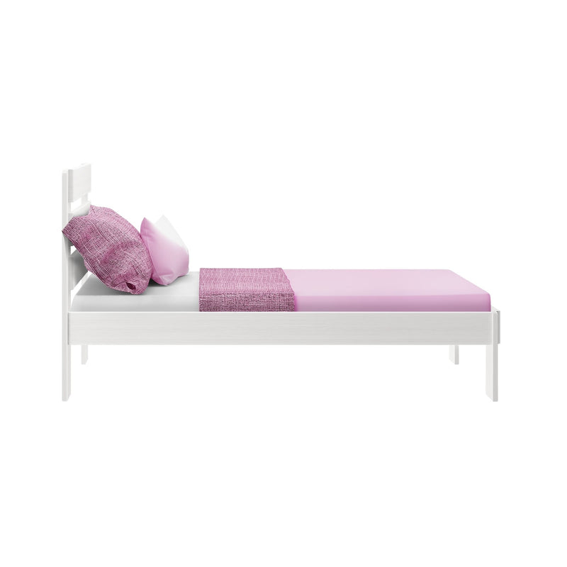 White wooden single bed with pink fitted sheet, textured pink throw and matching pillows, modern kids bedroom decor