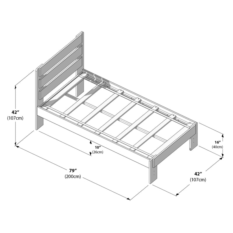 Assembly diagram of wooden slatted bed frame with three-panel headboard and support rails, dimensions 79″ x 42″ (200 x 107 cm), slat spacing 10″ (26 cm) and footboard height 16″ (40 cm)