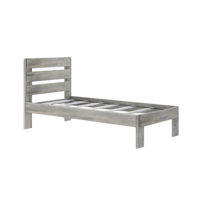 Gray weathered wood twin platform bed frame with slatted headboard, modern farmhouse bedroom furniture