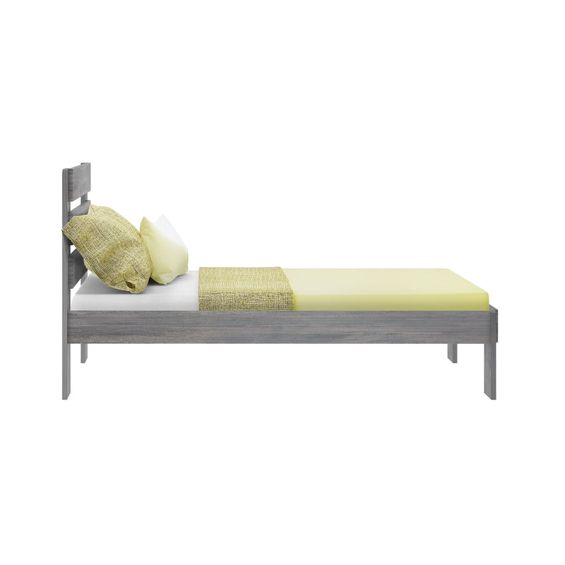 Twin bed with gray wood frame and pale yellow bedding, textured yellow throw pillow and blanket in minimalist modern bedroom styling