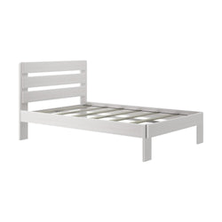 White wooden bed frame with slatted headboard and platform design for a modern bedroom.