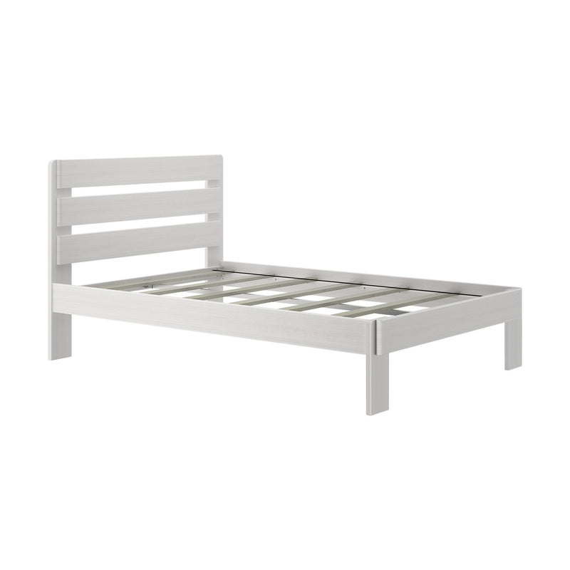 White wooden platform bed frame with horizontal slatted headboard and wooden slat support, modern minimalist bedroom furniture