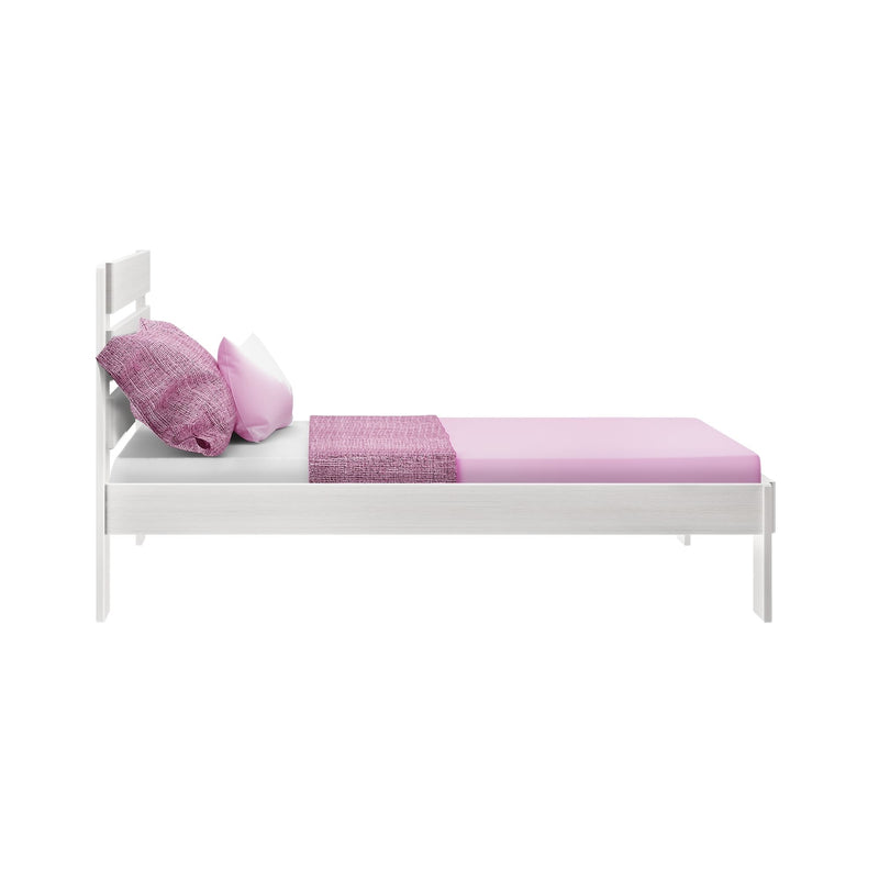 White wooden single bed with pink bedding — fitted sheet, textured pink throw blanket and coordinating pink pillows on a minimalist white background