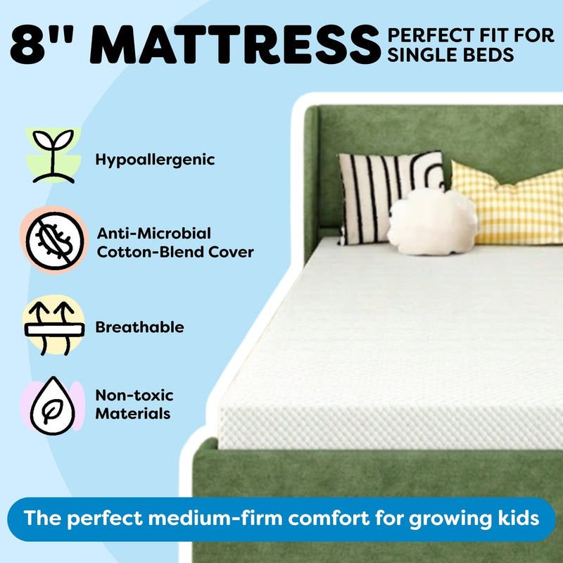 8-inch mattress perfect fit for single beds, medium-firm comfort for growing kids, hypoallergenic with anti-microbial cotton-blend cover, breathable and made from non-toxic materials on a green bed frame