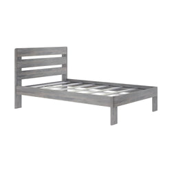 Gray wooden bed frame with slatted headboard and footboard, perfect for modern bedroom decor.