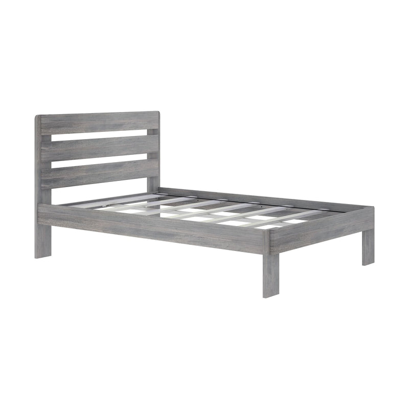 Gray wooden platform bed frame with horizontal slatted headboard and wooden slat support in a modern farmhouse finish