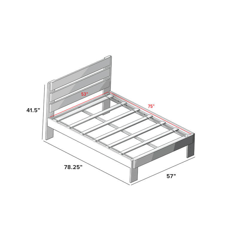Diagram of a wooden platform bed frame with slatted headboard and slat supports, annotated dimensions: 78.25" overall length, 57" overall width, 41.5" headboard height, 53" inner width and 75" internal support length.