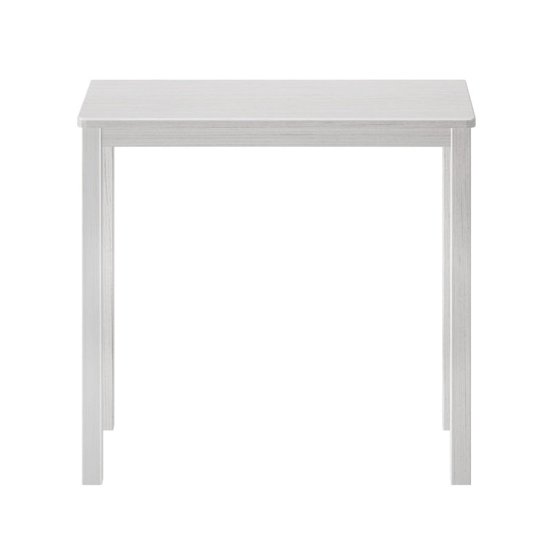 Minimalist whitewashed wooden table with rectangular top and straight legs, modern dining table isolated on white background