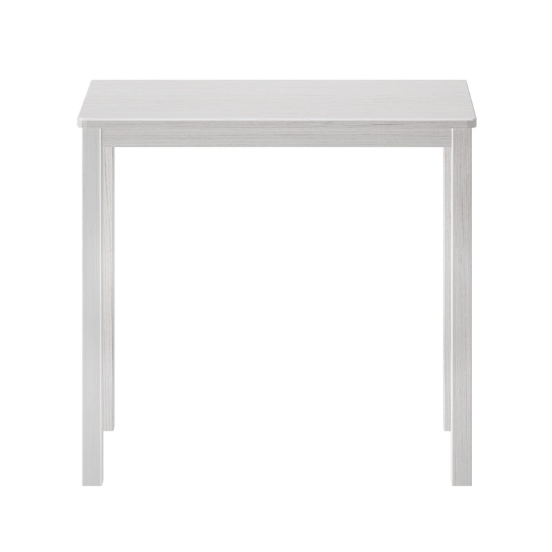 Whitewashed rectangular wooden table with straight legs on white background, minimalist modern dining/console table product photo