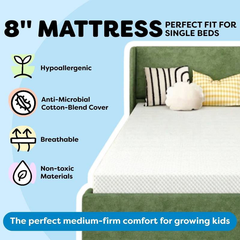 8-inch medium-firm kids' mattress for single beds with hypoallergenic, breathable, anti-microbial cotton-blend cover and non-toxic materials shown on a green upholstered bed with pillows