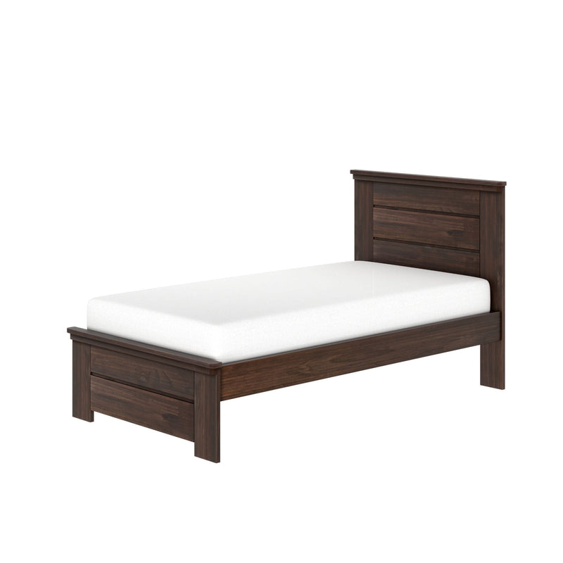 Dark walnut wooden twin bed frame with paneled slat headboard and white mattress, rustic platform bedroom furniture