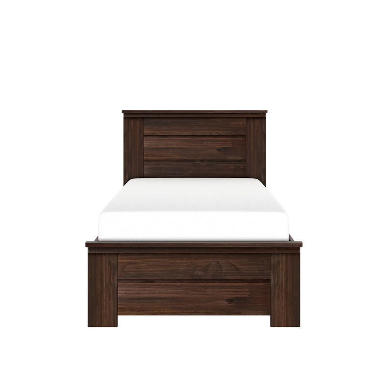 Front view of dark brown rustic wooden bed frame with paneled headboard and matching footboard and white mattress