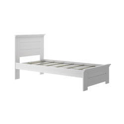White twin bed frame with slatted headboard and footboard, featuring a modern and minimalist design.