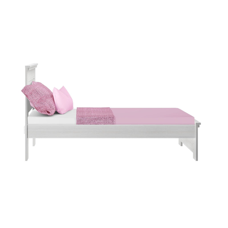 White wooden twin bed with pink fitted sheet, pink textured throw and matching pillows, isolated on white background