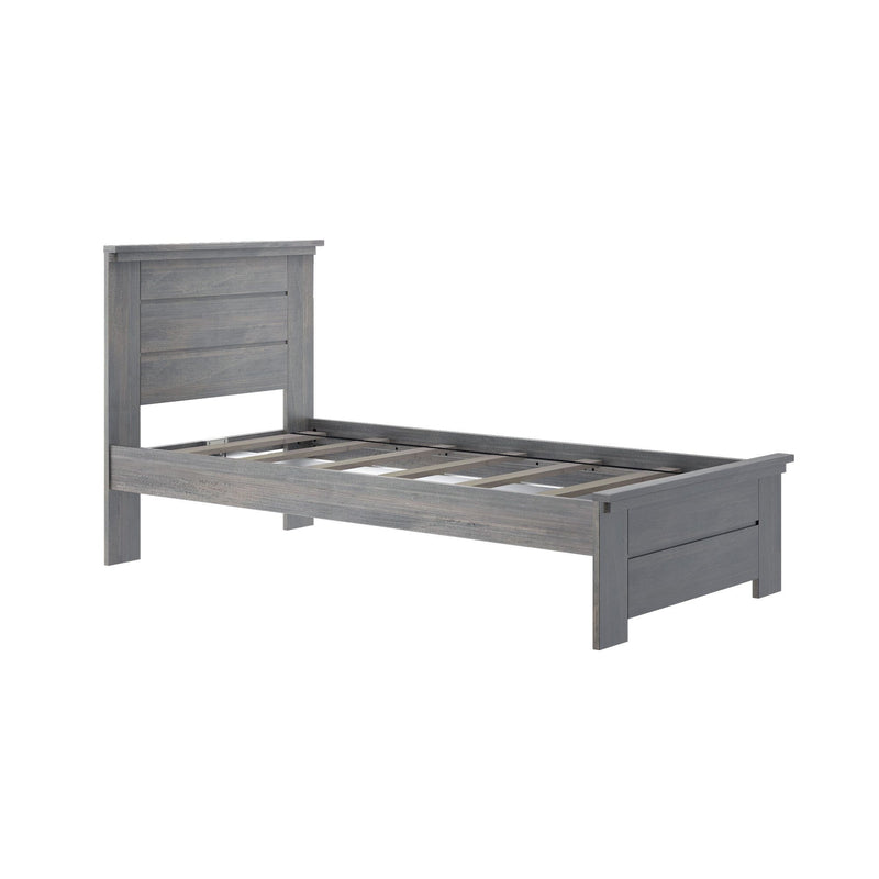 Gray wooden platform bed frame with slatted base and paneled headboard, rustic gray finish, mattress not included