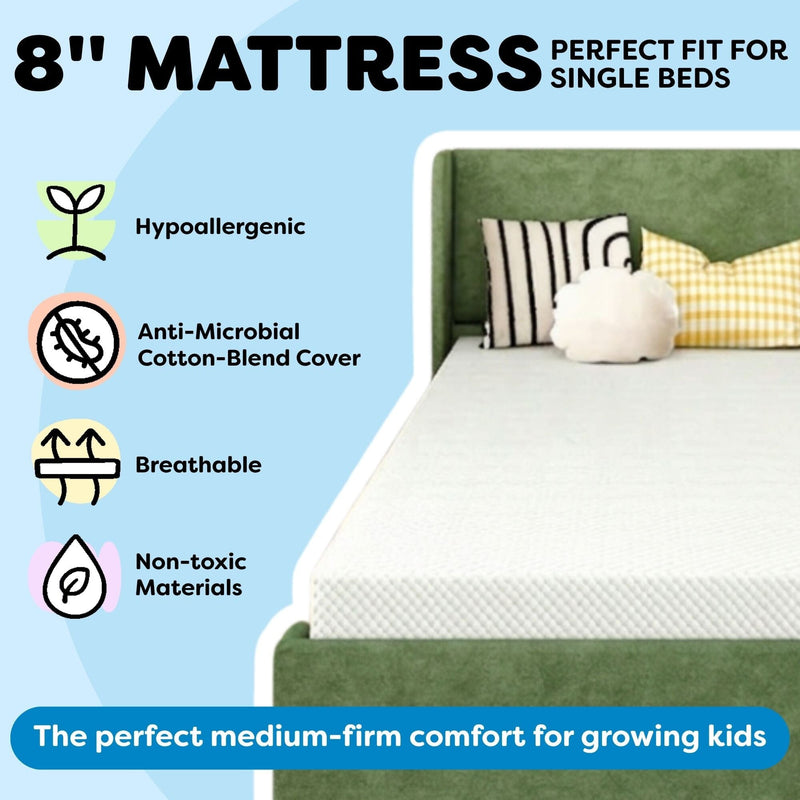 8-inch mattress for single beds with white textured cover on green upholstered frame — hypoallergenic, antimicrobial cotton-blend cover, breathable, non-toxic materials, medium-firm comfort for kids