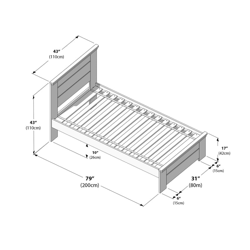 Twin-size wooden platform bed frame diagram with slatted base and paneled headboard, dimensions 79" (200 cm) L x 31" (80 cm) W x 43" (110 cm) H