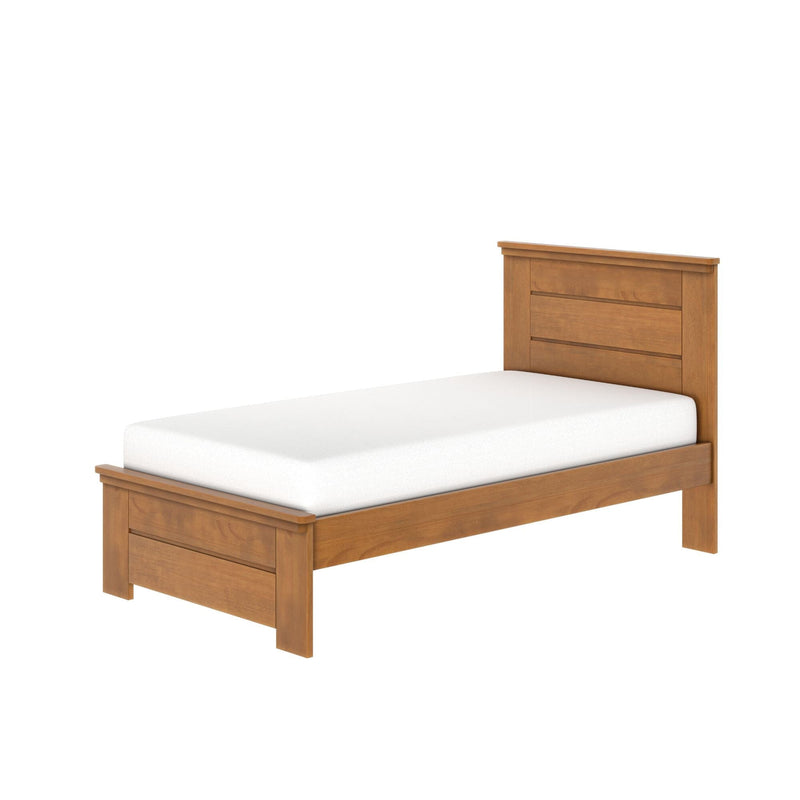 Twin solid wood platform bed with paneled headboard and footboard in warm oak finish with white mattress, modern rustic bedroom furniture