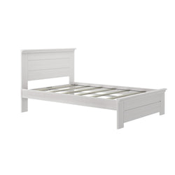 White wooden bed frame with headboard and footboard in modern minimalist design.