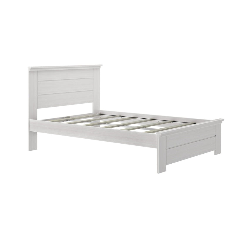 White wooden platform bed frame with slatted headboard and footboard, mattress-ready wooden slats, minimalist modern farmhouse bedroom furniture