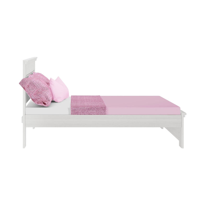 White wooden platform bed with pink fitted sheet, textured pink throw and two pink pillows, minimalist side view on white background