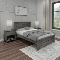 Modern bedroom with wooden bed frame, matching nightstands, and elegant decor.
